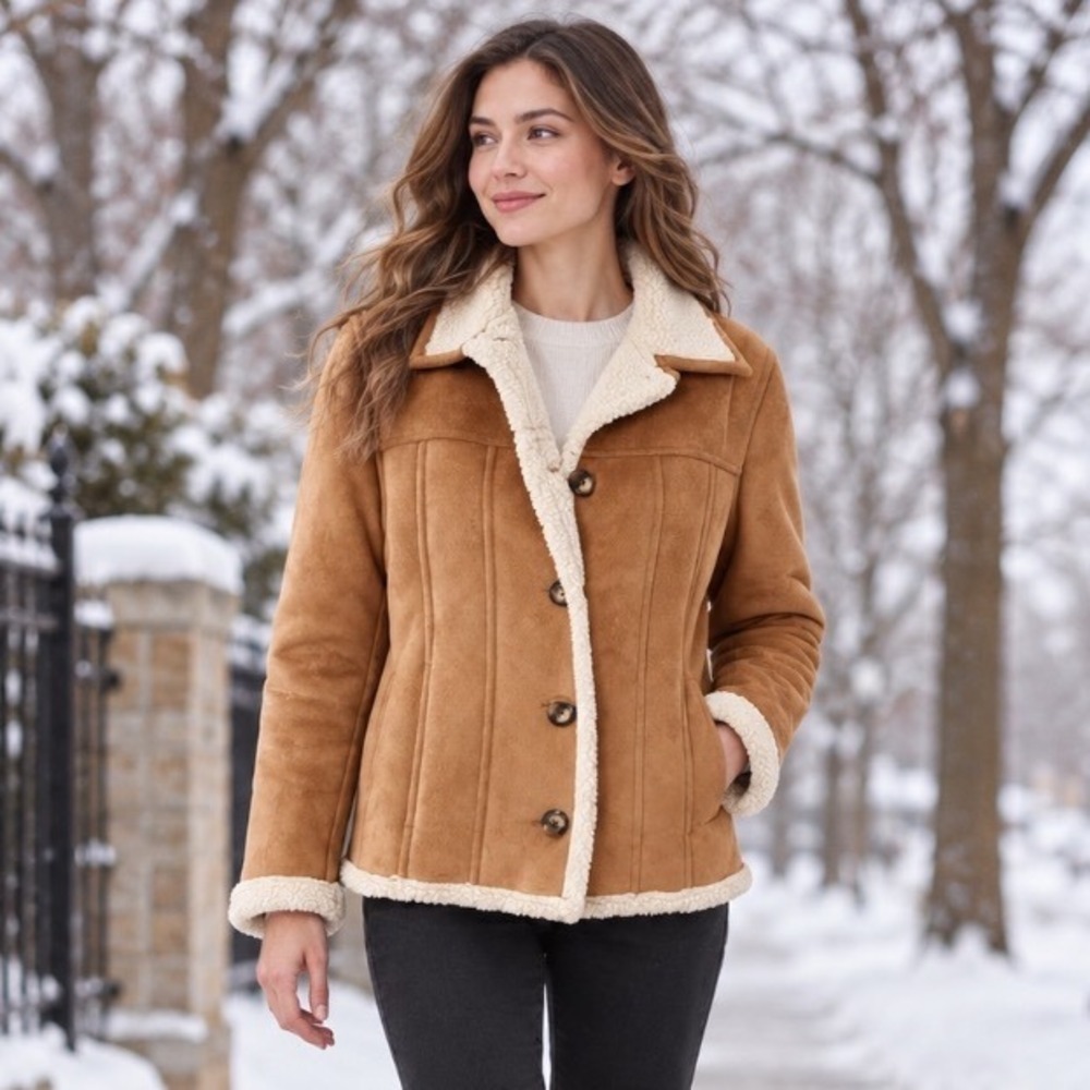 LL Bean Tan Suede Shearling Lined Button Front Winter Jacket Coat Brown Sz M